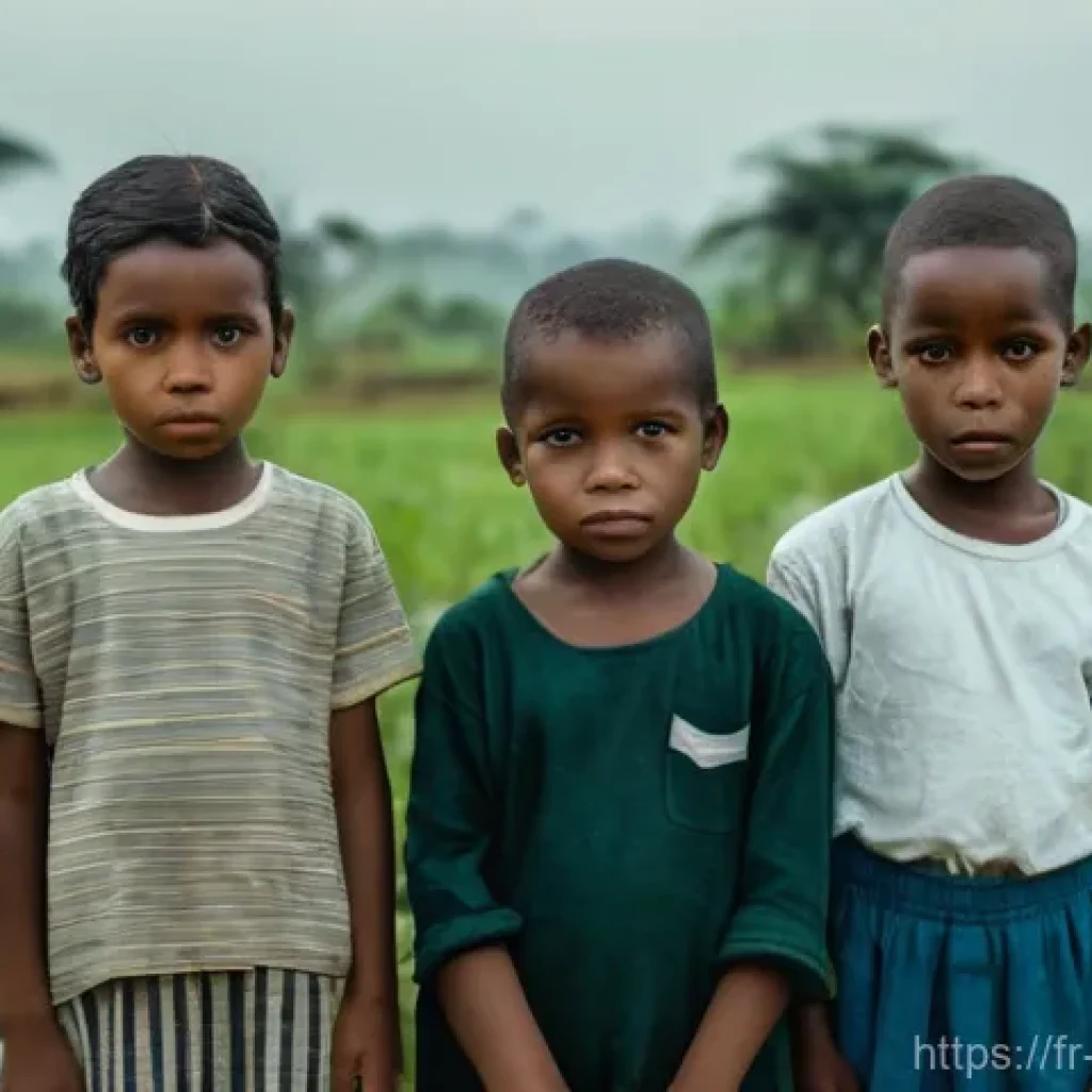 비아프라 독립운동과 국제 인권 단체 - **Prompt:** A poignant scene depicting several Biafran children gathered together, looking towards t...