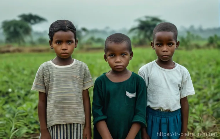 비아프라 독립운동과 국제 인권 단체 - **Prompt:** A poignant scene depicting several Biafran children gathered together, looking towards t...