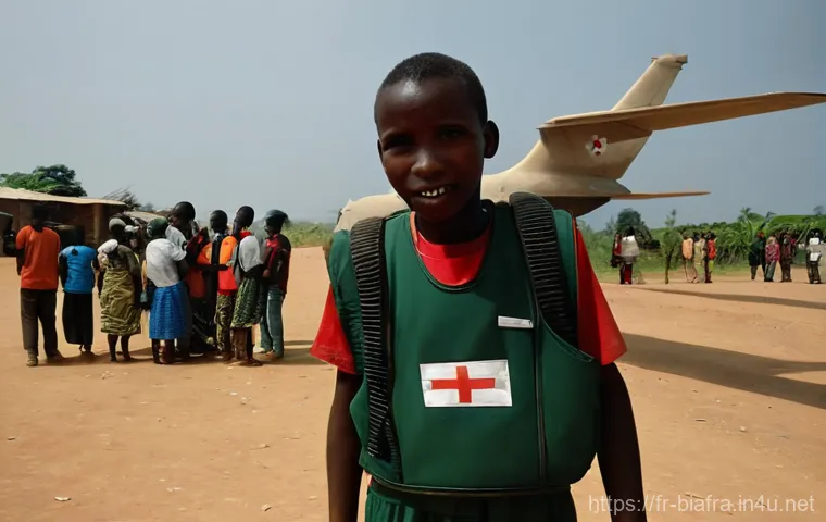 비아프라 독립운동과 국제 인권 단체 - **Prompt:** A poignant scene depicting several Biafran children gathered together, looking towards t...