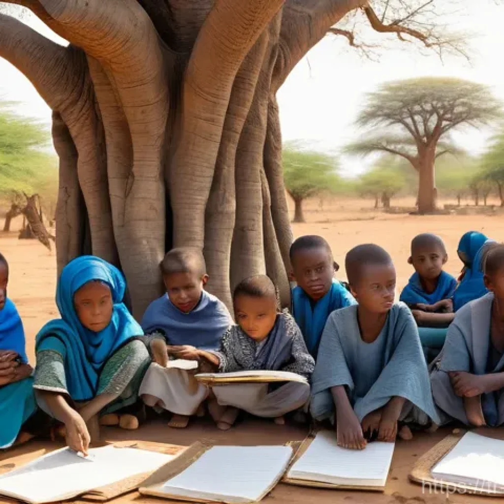 비아프라의 교육 시스템 - **"Resilience Under the Baobab Tree"**
    A serene and hopeful scene depicting a group of 10-15 Bia...