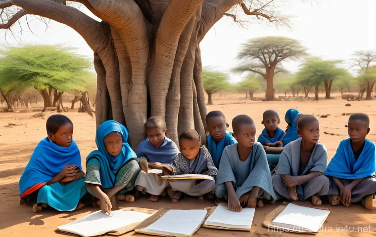 비아프라의 교육 시스템 - **"Resilience Under the Baobab Tree"**
    A serene and hopeful scene depicting a group of 10-15 Bia...