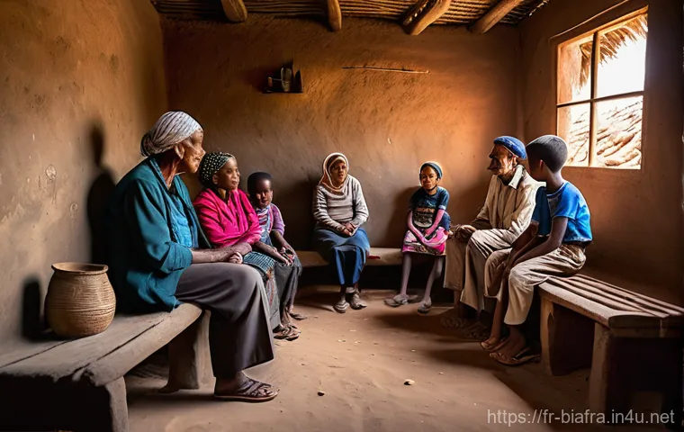 비아프라의 교육 시스템 - **"Resilience Under the Baobab Tree"**
    A serene and hopeful scene depicting a group of 10-15 Bia...