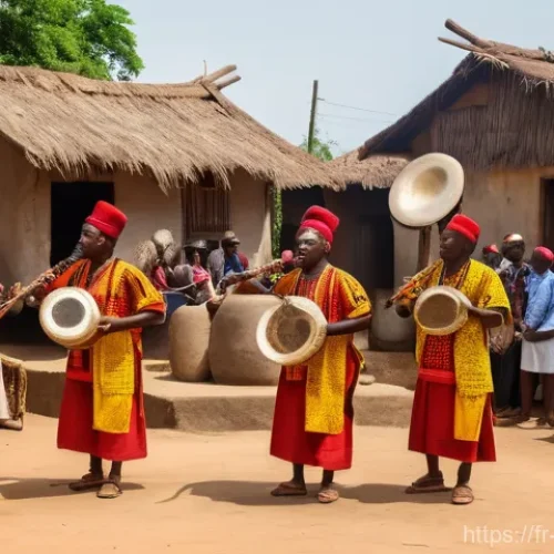 비아프라 전통 음악 - A group of Igbo musicians, dressed in vibrant, traditional attire, performing in a sun-drenched vill...