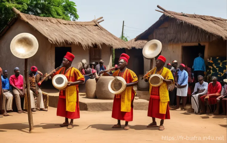 비아프라 전통 음악 - A group of Igbo musicians, dressed in vibrant, traditional attire, performing in a sun-drenched vill...