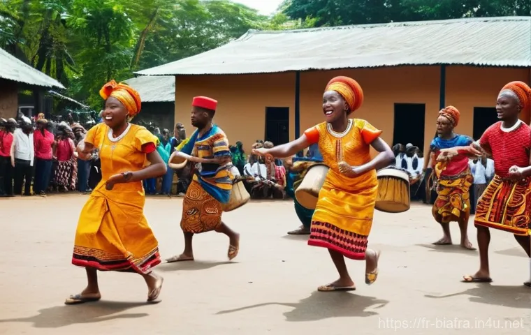 비아프라 전통 음악 - A group of Igbo musicians, dressed in vibrant, traditional attire, performing in a sun-drenched vill...