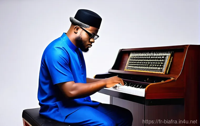 비아프라 전통 음악 - A lively scene depicting an Igbo traditional dance, such as the Egedege, in a festive outdoor settin...