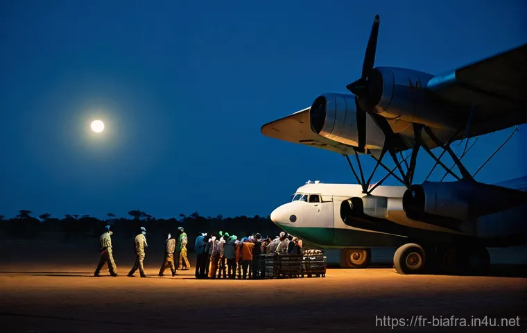 비아프라 전쟁 당시 주요 전략 - **Image Prompt: Humanitarian Airlift under Moonlight**
    A wide shot of a vintage cargo plane (e.g...