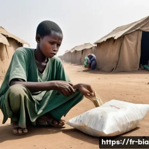 비아프라 전쟁 관련 다큐멘터리 - **Prompt:** A poignant scene depicting the Biafran famine in the late 1960s. The image features a gr...