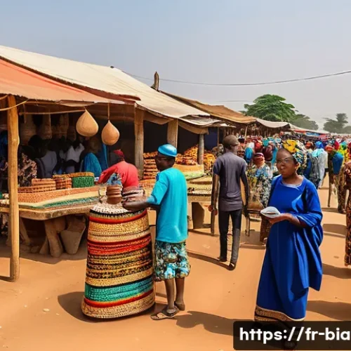 비아프라 전쟁 이후 이그보인의 삶 - A vibrant outdoor market scene in southeastern Nigeria, showcasing Igbo entrepreneurs engaging in sm...