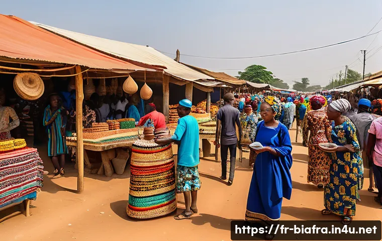 비아프라 전쟁 이후 이그보인의 삶 - A vibrant outdoor market scene in southeastern Nigeria, showcasing Igbo entrepreneurs engaging in sm...