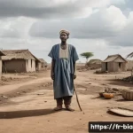 비아프라 전쟁 희생자 - A somber scene depicting a rural African village devastated by war: barren, abandoned agricultural f...