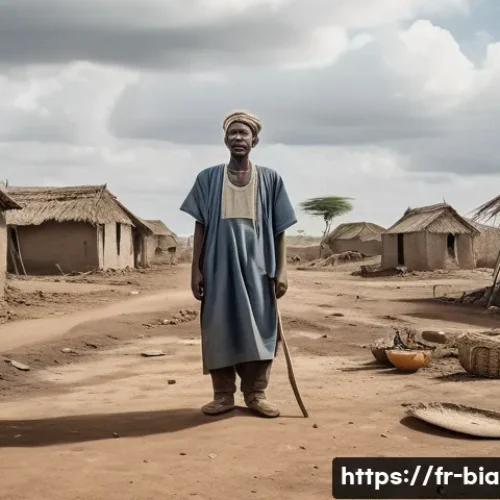 비아프라 전쟁 희생자 - A somber scene depicting a rural African village devastated by war: barren, abandoned agricultural f...
