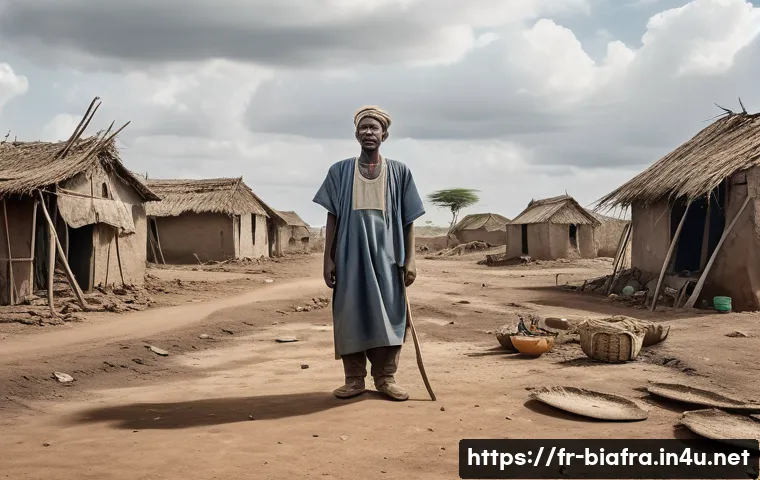 비아프라 전쟁 희생자 - A somber scene depicting a rural African village devastated by war: barren, abandoned agricultural f...