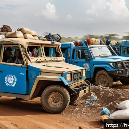 비아프라와 유엔 개입 - A detailed scene depicting a United Nations humanitarian aid convoy navigating a rugged, partially d...