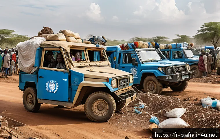 비아프라와 유엔 개입 - A detailed scene depicting a United Nations humanitarian aid convoy navigating a rugged, partially d...