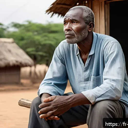 비아프라 전쟁과 심리적 트라우마 - A sensitive portrait of a middle-aged African man sitting alone on a worn wooden bench in a modest v...