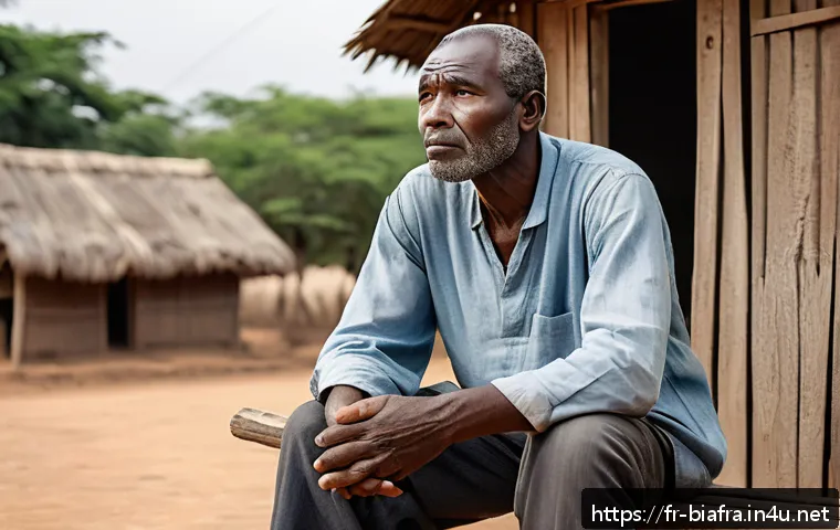 비아프라 전쟁과 심리적 트라우마 - A sensitive portrait of a middle-aged African man sitting alone on a worn wooden bench in a modest v...