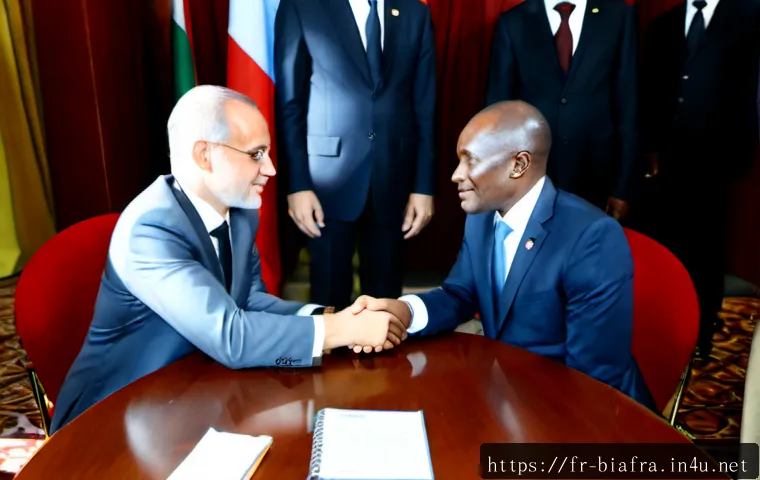 비아프라 공화국과 주변 국가 관계 - Photorealistic diplomatic meeting in a contemporary West African government reception hall, Biafran ...